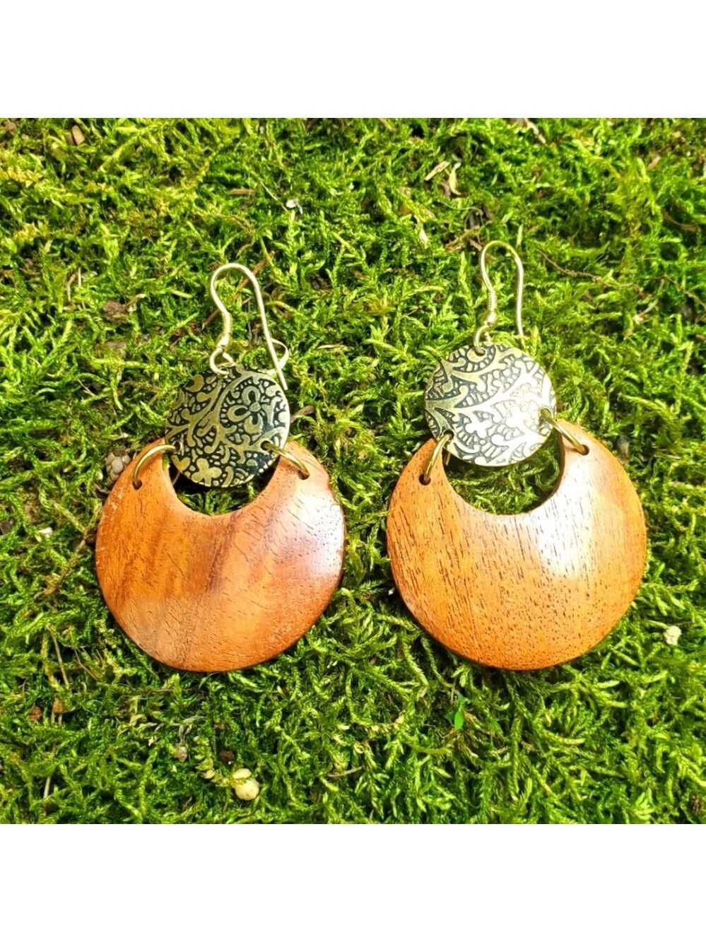 MATR BOOMIE EARTH AND FIRE MOON DROP EARRINGS - WOOD, ETCHED BRASS